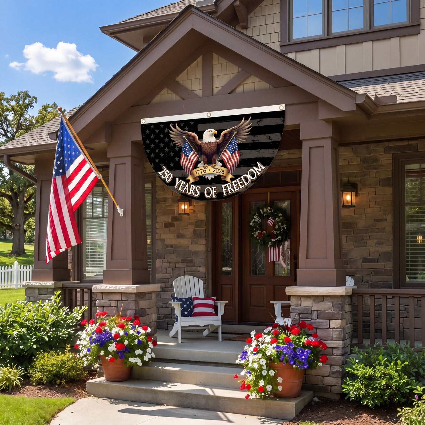 250 Years Of Freedom Patriotic Polyester Bunting Flag, America 250th Birthday Semicircular Flag Banner 1776–2026 Patriotic Bunting